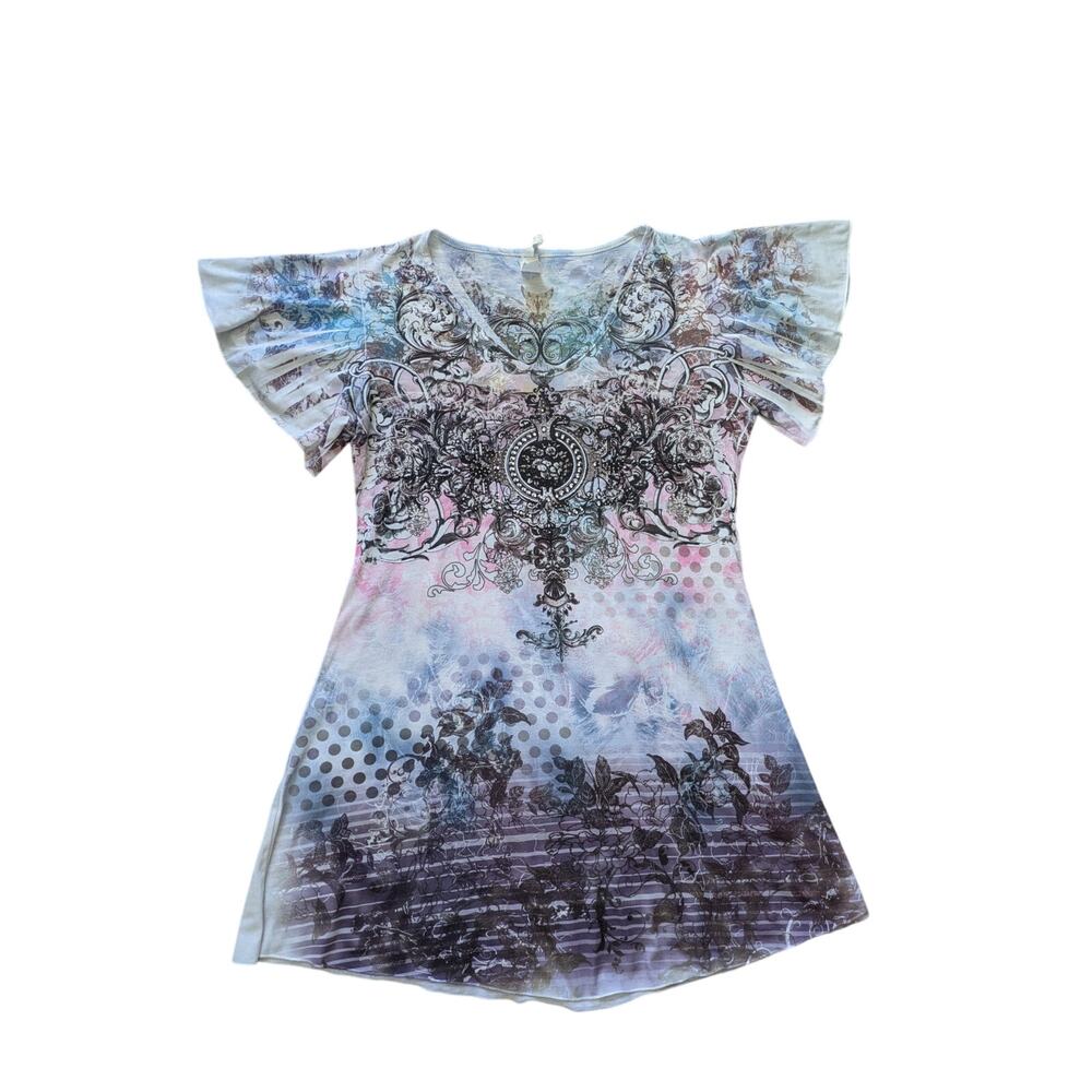 Y2K Liberty Dress Womens XL White-Black Floral Rhinestone Fairy Grunge Goth